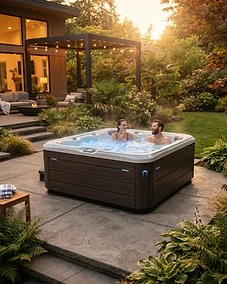 Luxury hot tub installed on a clean, modern patio.