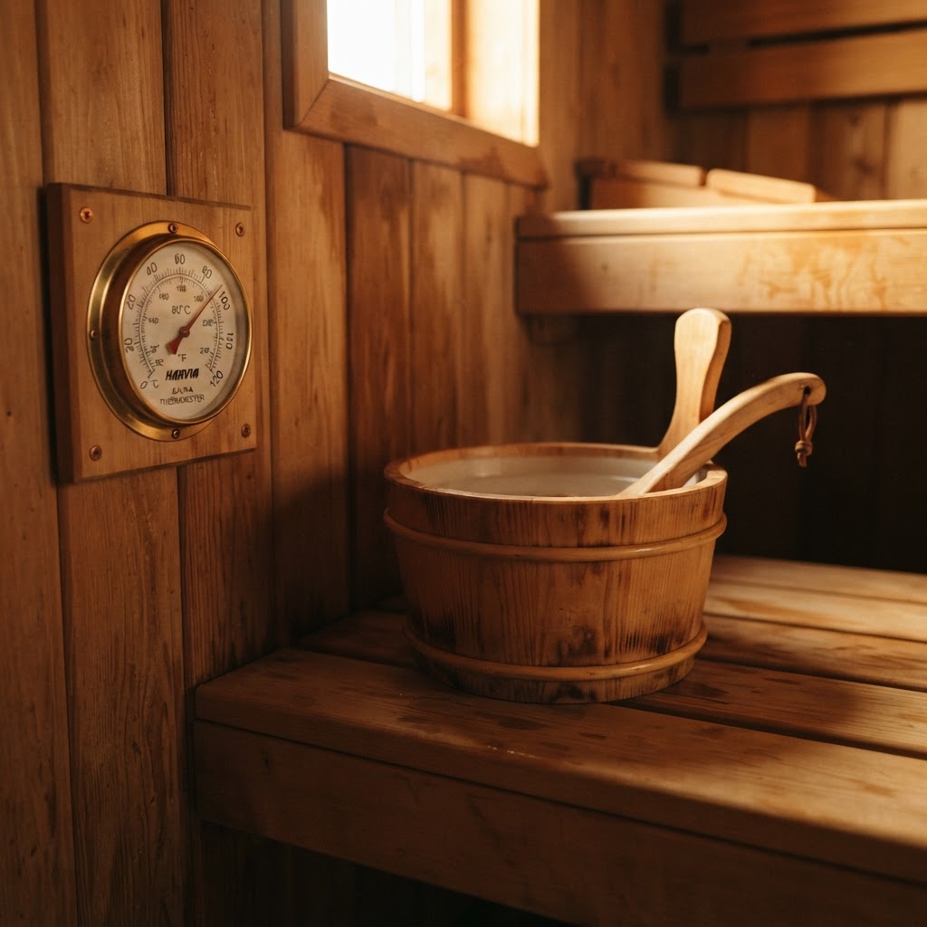 Essential sauna accessories including thermometer and wooden bucket