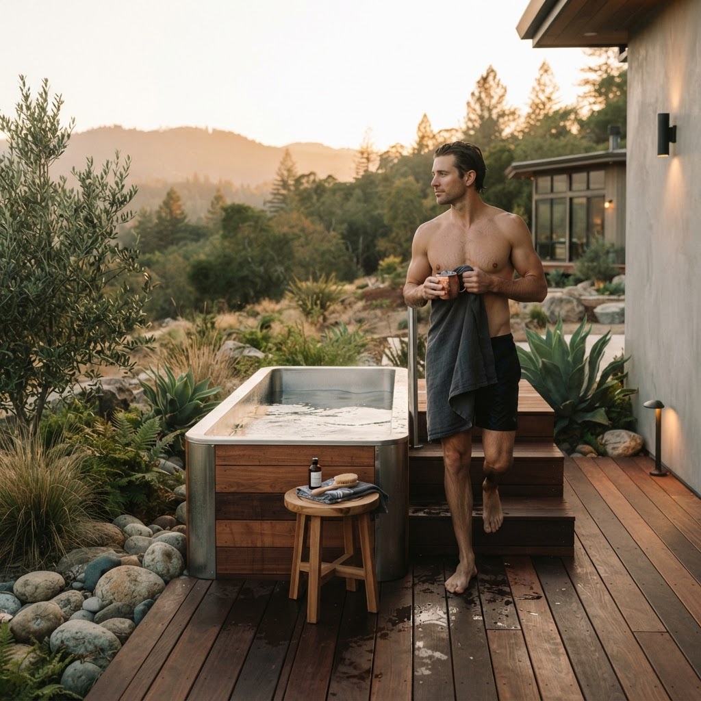 Outdoor premium cold plunge setup on a wooden deck