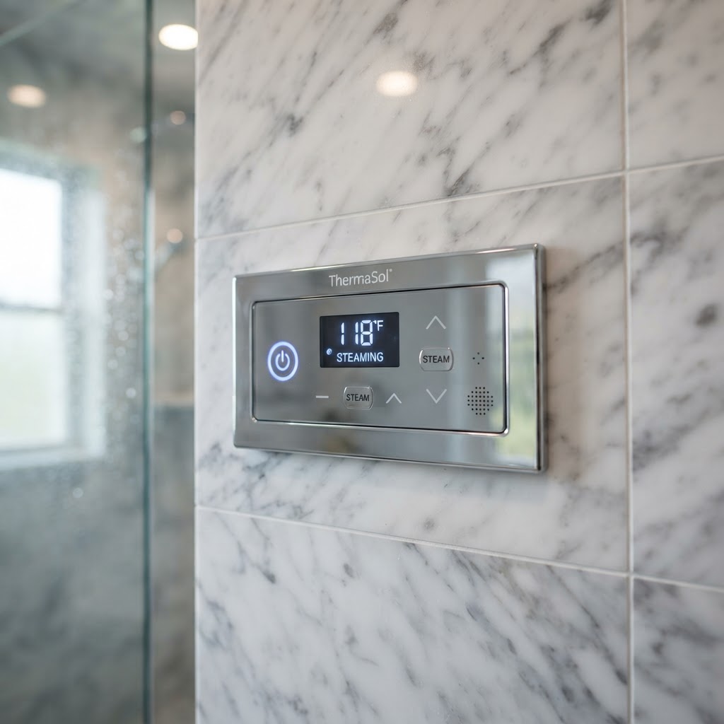 Close up of digital steam shower controls