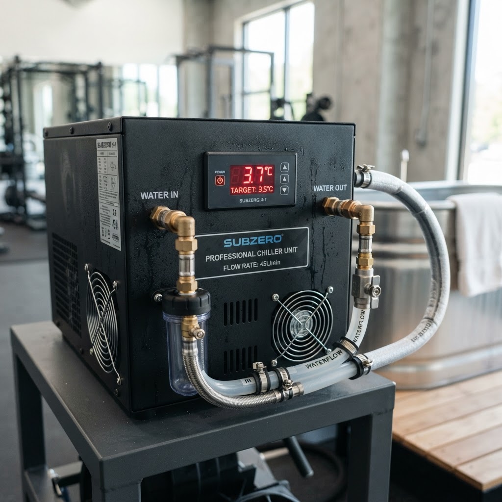 Professional grade cold plunge chiller system components.