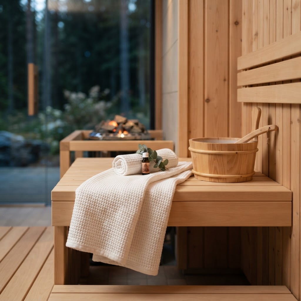 Sauna accessories like wooden bucket and ladle inside a luxury sauna