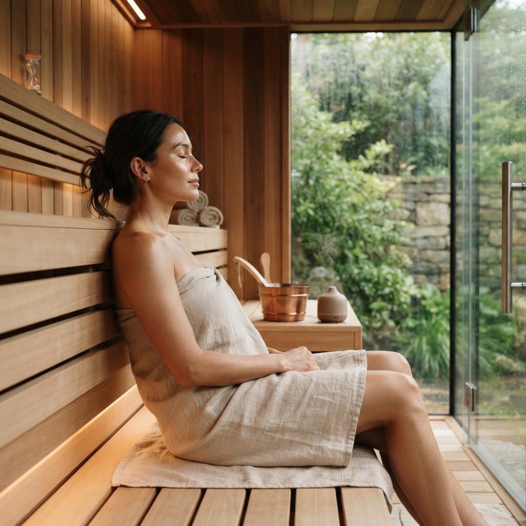 Person relaxing in a home sauna for recovery