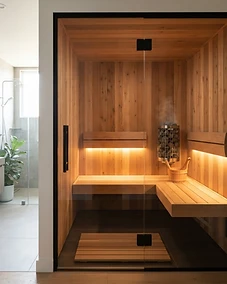 Modern compact home sauna interior in a small space