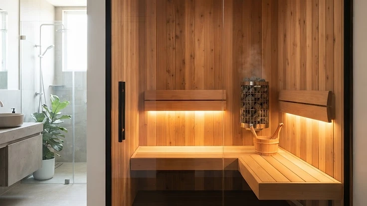 Modern compact home sauna interior in a small space