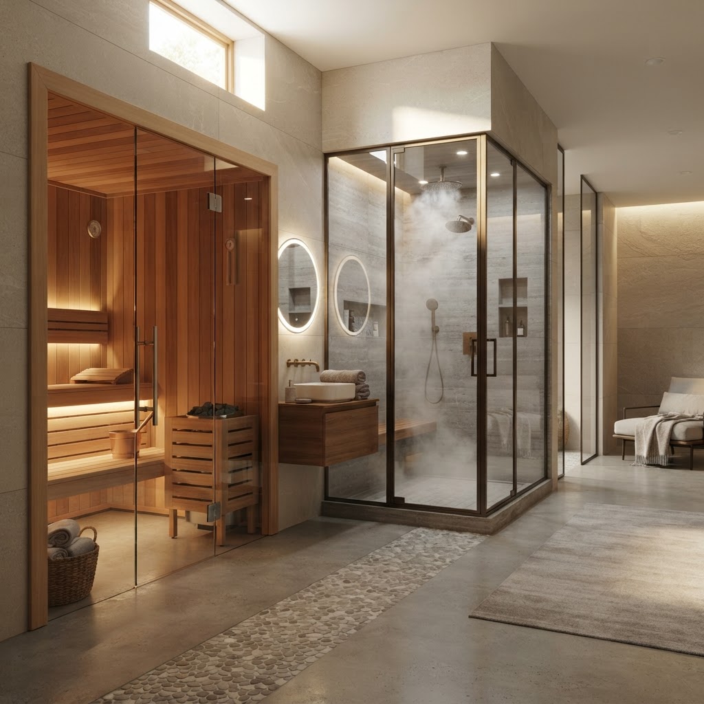 A comprehensive home wellness room featuring a steam shower and sauna.