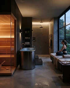 Modern luxury home recovery room with sauna and cold plunge