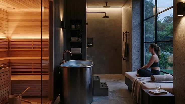 How to Build a Home Recovery Room: Layout, Ventilation, and Flow — Wellness | Hearthside Supply LLC Blog Modern luxury home recovery room with sauna and cold plunge