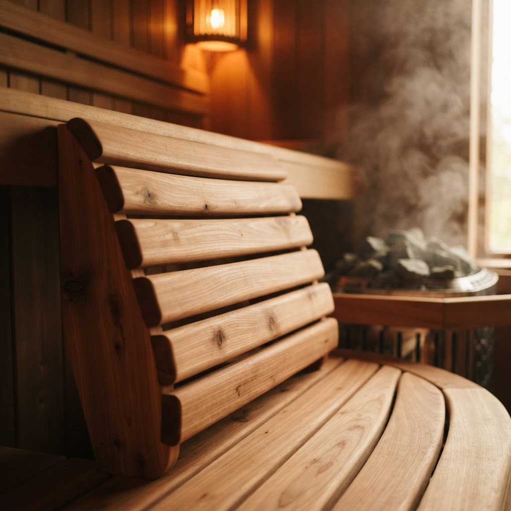 Ergonomic cedar sauna backrest for maximum comfort.