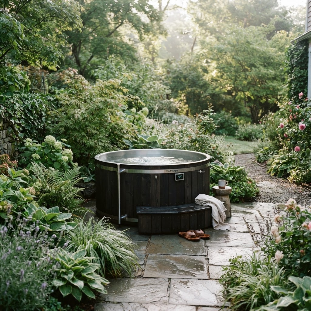 Outdoor cold plunge tub in a garden setting