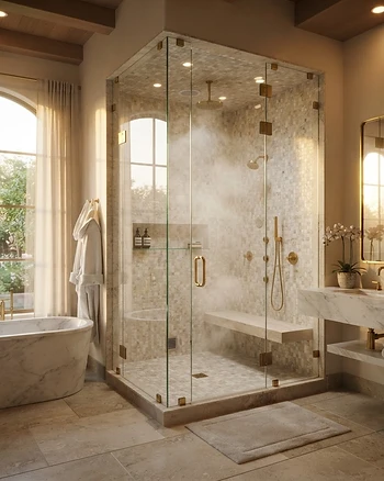 Luxury modern bathroom with a custom steam shower enclosure and premium tile work.