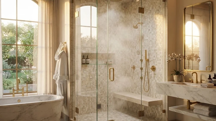 Luxury modern bathroom with a custom steam shower enclosure and premium tile work.