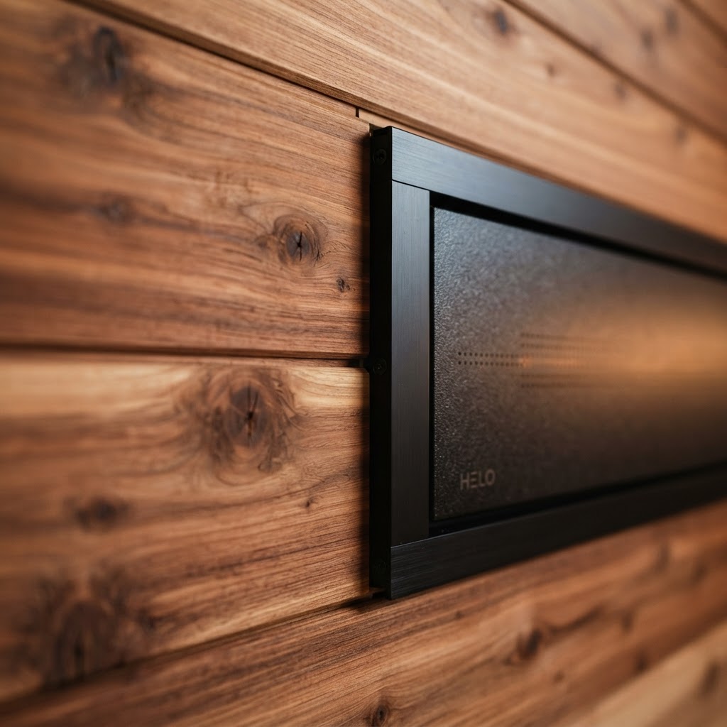 Close-up detail of sauna wood and heating element