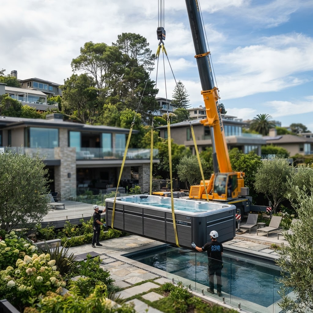 Crane delivery of a swim spa