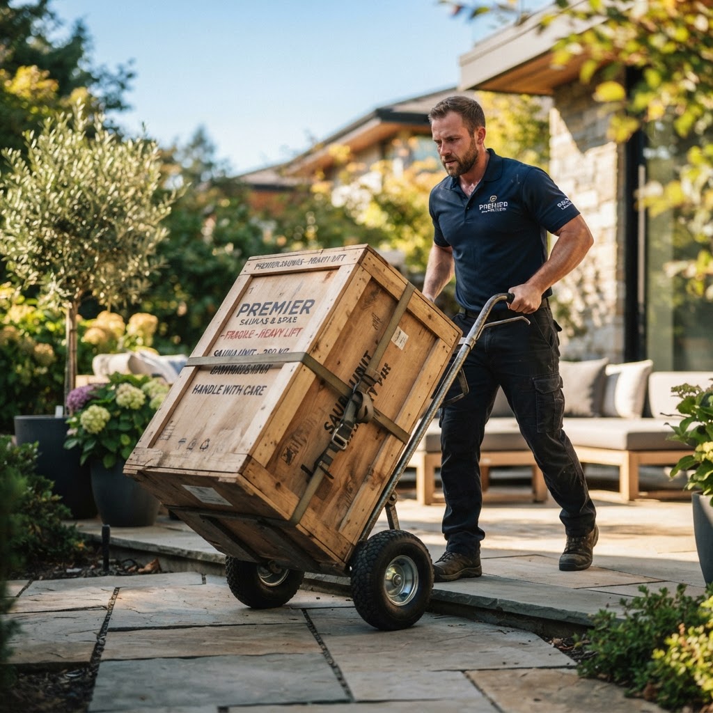 Delivery team carefully transporting a new sauna unit for home installation.