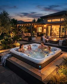 Modern family hot tub on a luxury patio at twilight