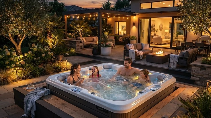 Best Hot Tubs for Families in 2026: A Buyer's Guide — Buying Guides | Hearthside Supply LLC Blog Modern family hot tub on a luxury patio at twilight
