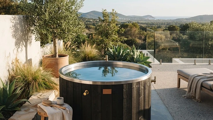 Cold Plunge Temperature: The 50°F Debate Explained — Cold Plunges | Hearthside Supply LLC Blog A luxury home cold plunge setup in a serene outdoor patio environment.