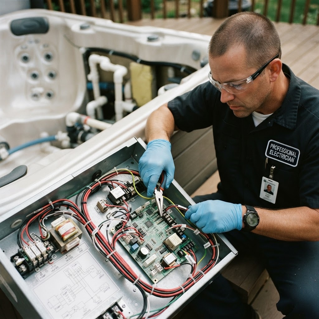 Professional electrician wiring a home hot tub.