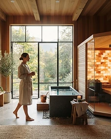 Modern home wellness room featuring a sauna and cold plunge
