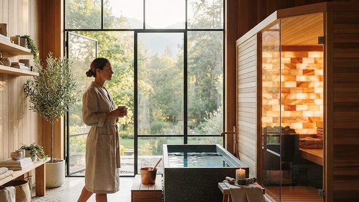 Modern home wellness room featuring a sauna and cold plunge