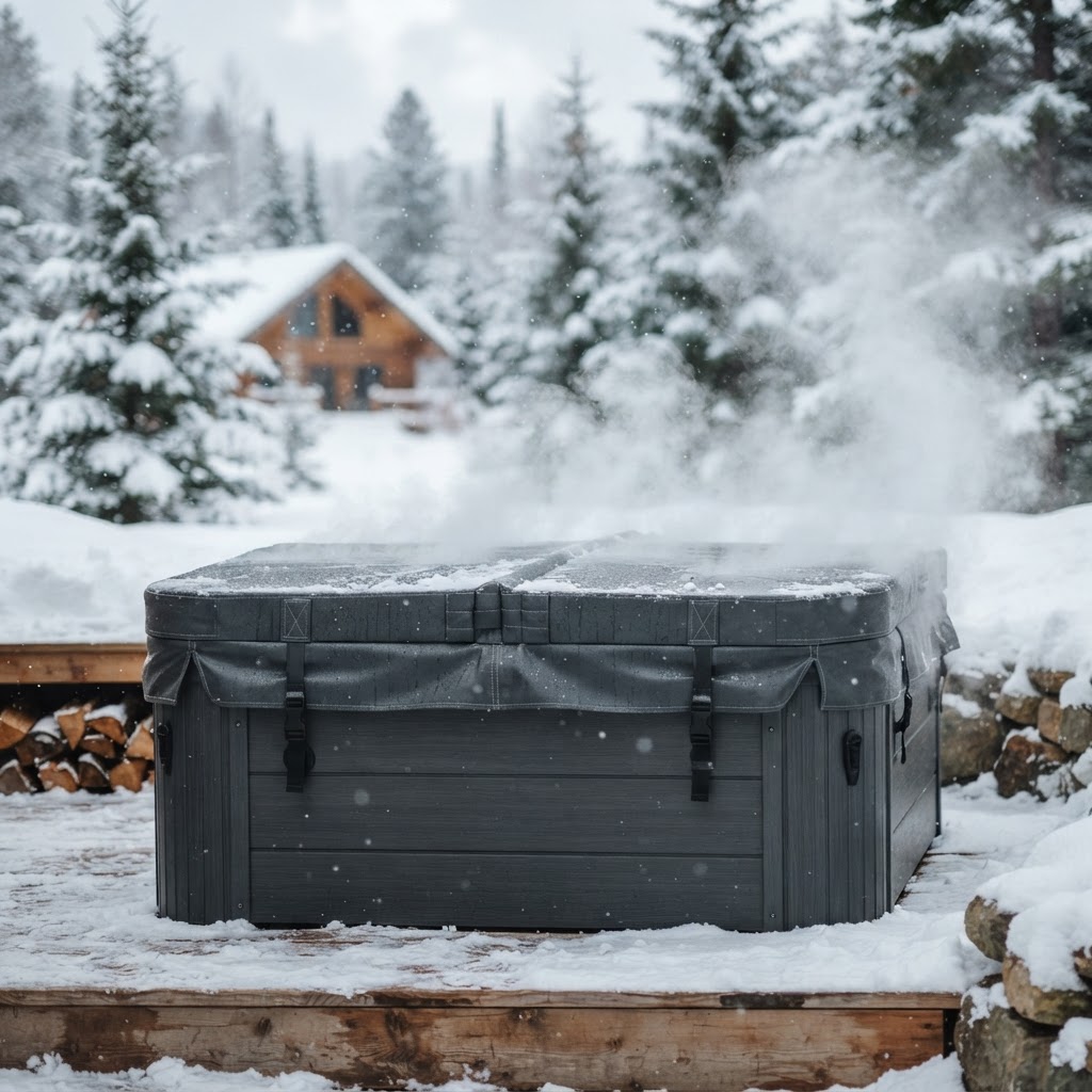 A secure thermal hot tub cover on a spa during winter.