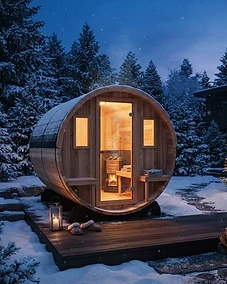 Luxury cedar barrel sauna in a snowy backyard at twilight