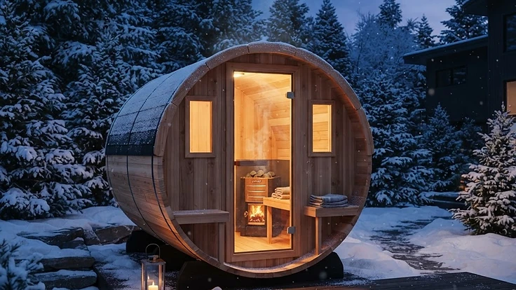 Best Outdoor Saunas for Winter Use in 2026: A Buyer's Guide — Buying Guides | Hearthside Supply LLC Blog Luxury cedar barrel sauna in a snowy backyard at twilight
