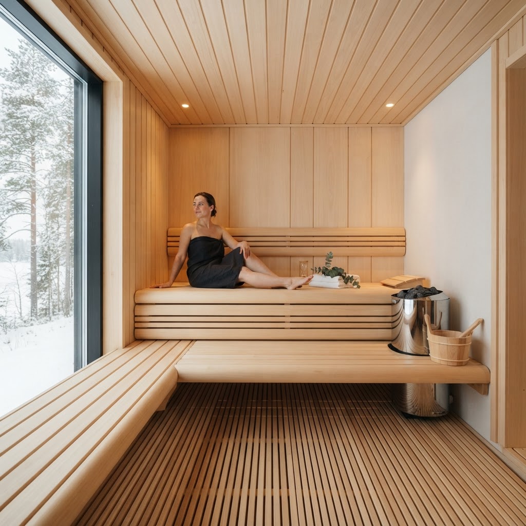 Modern hemlock wood sauna interior