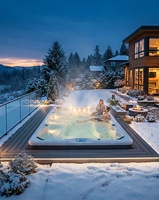 Luxury swim spa in a snowy backyard at night
