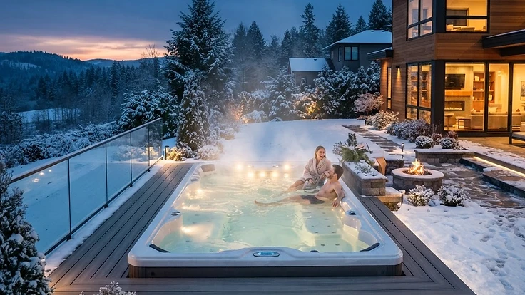 Luxury swim spa in a snowy backyard at night