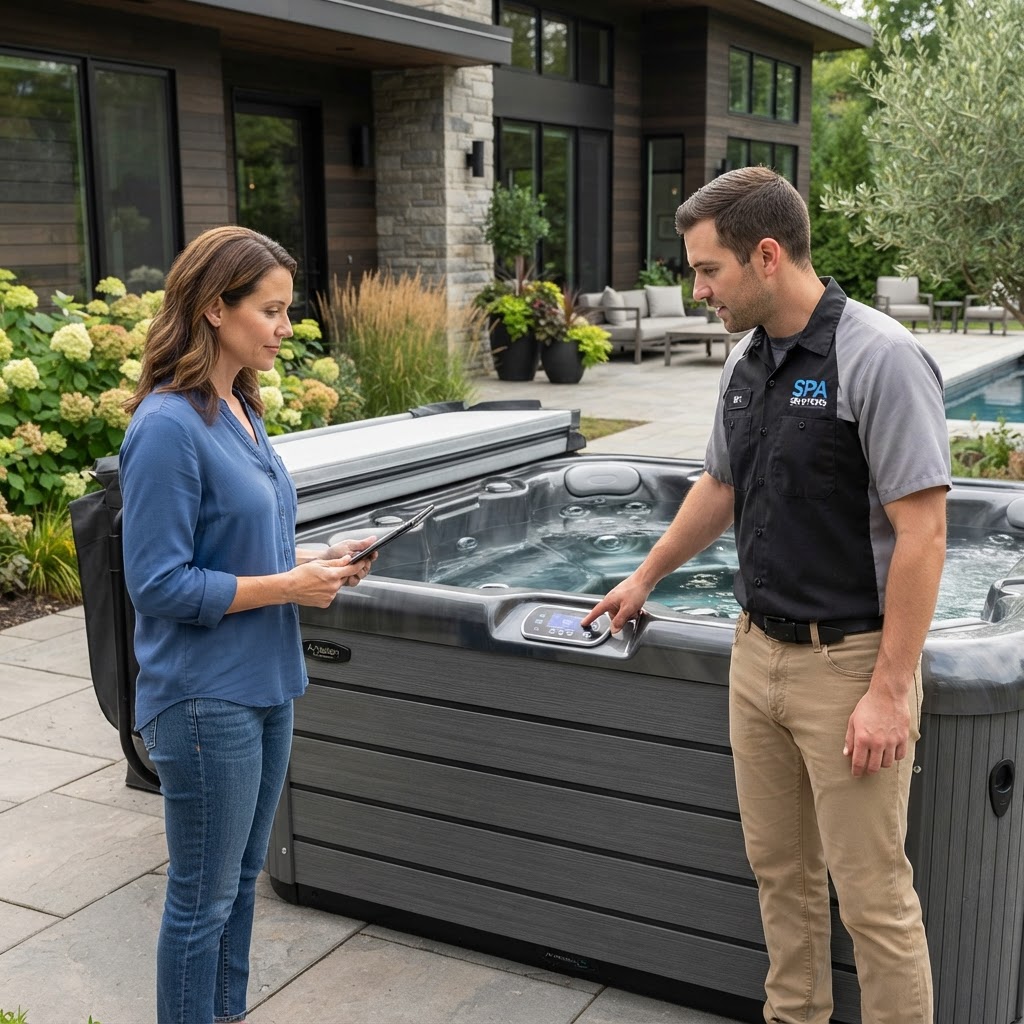 Homeowner performing a final inspection of a new hot tub upon delivery.