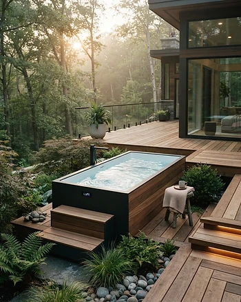 Luxury home cold plunge on a wooden deck
