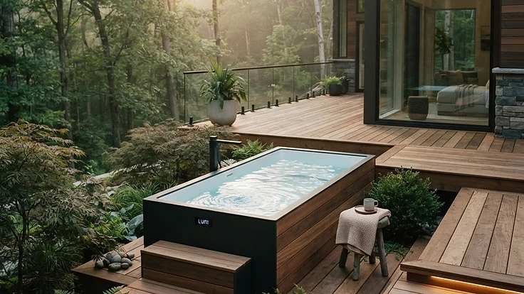 Luxury home cold plunge on a wooden deck