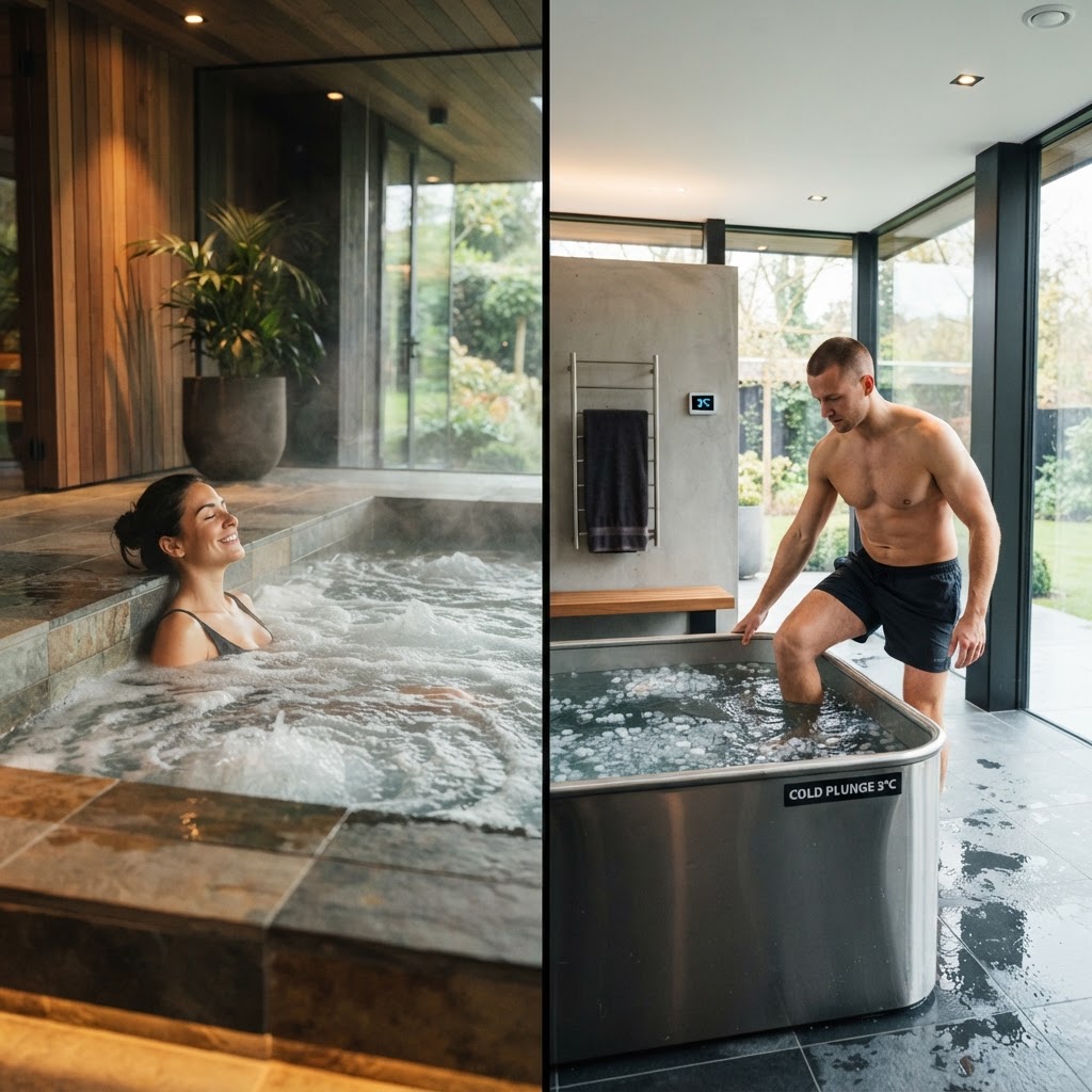 Contrast therapy setup with hot tub and cold plunge