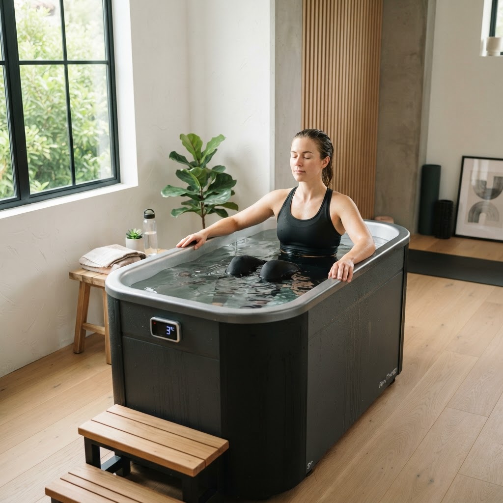 User experiencing a cold plunge in a home wellness space