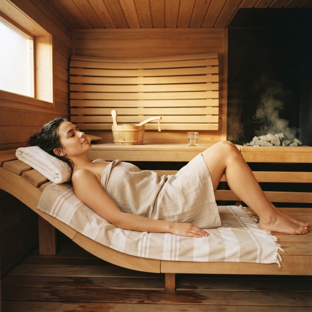 Person relaxing in a cedar sauna