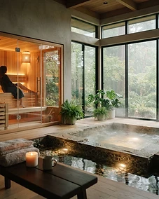 Modern home wellness space with sauna and hot tub