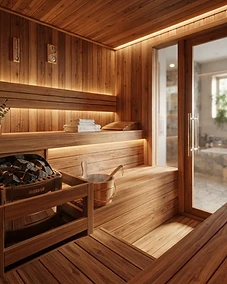 Premium cedar wood sauna interior with soft lighting