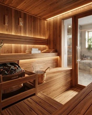 Premium cedar wood sauna interior with soft lighting