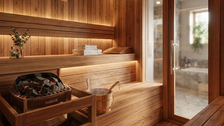 Premium cedar wood sauna interior with soft lighting