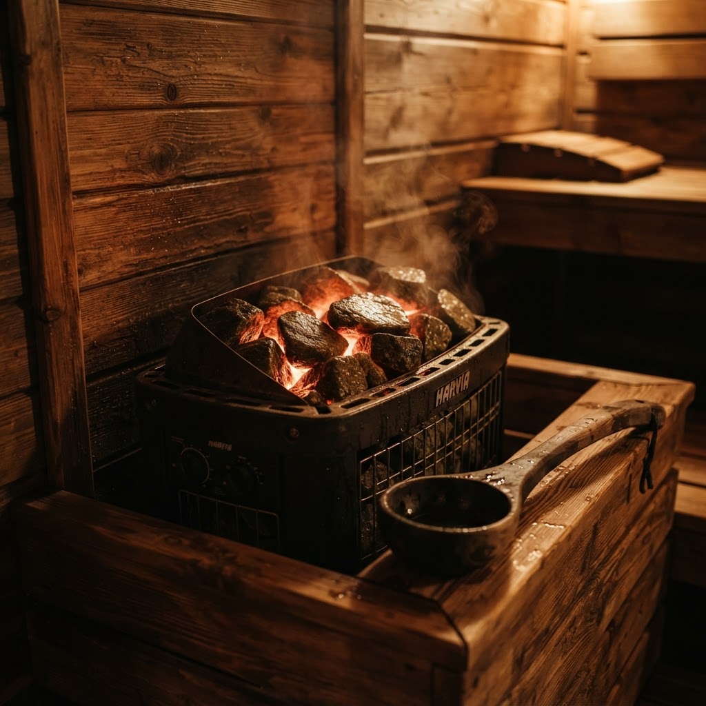 Close up of a traditional sauna heater with hot stones
