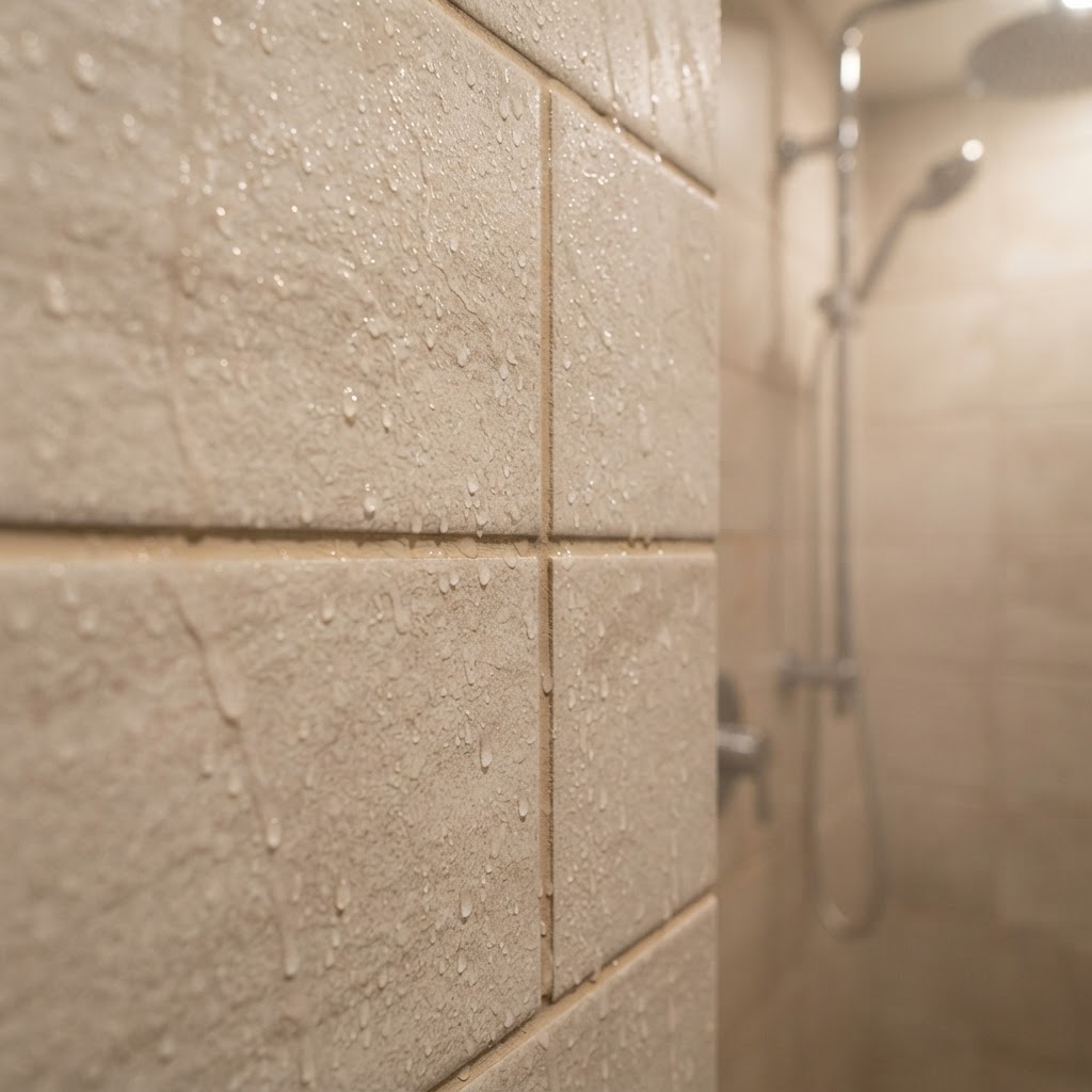 Close up of professional tile installation for a steam shower.