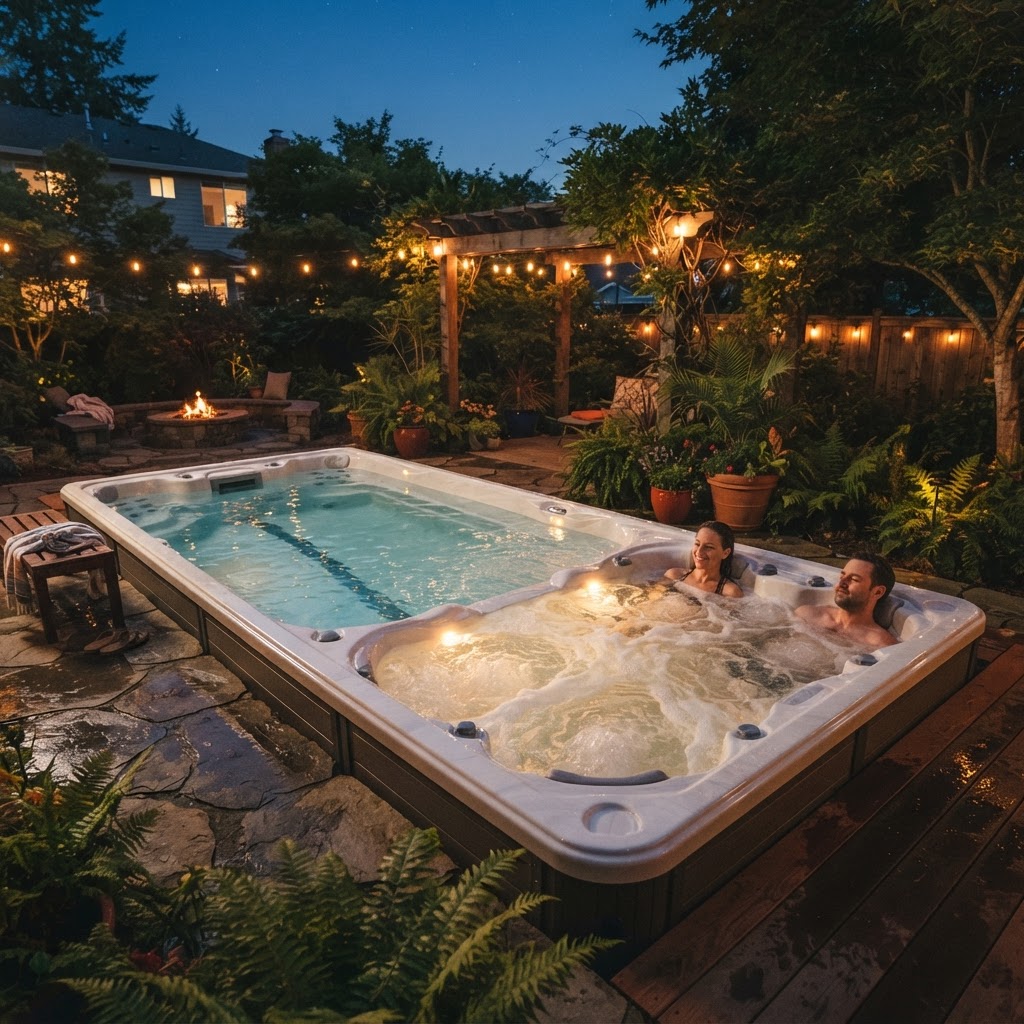 Hydrotherapy jets in a swim spa hot tub section