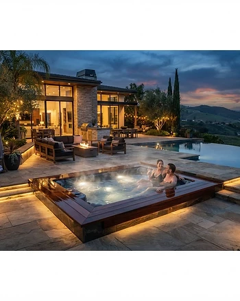 Luxury outdoor hot tub on a stone patio at dusk.