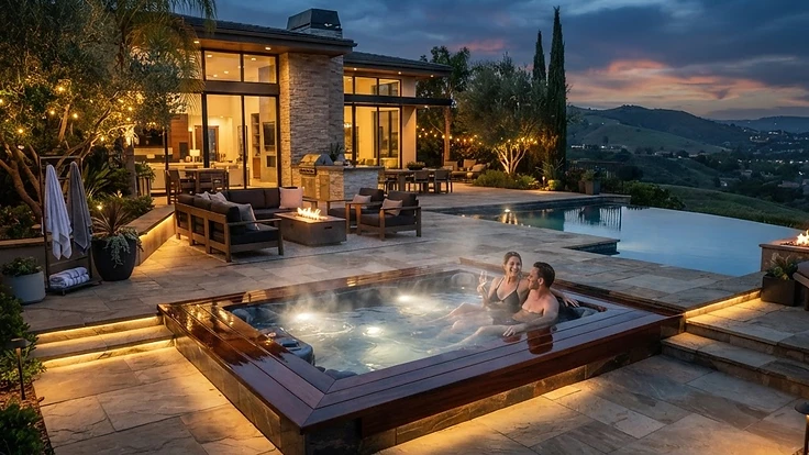 Luxury outdoor hot tub on a stone patio at dusk.