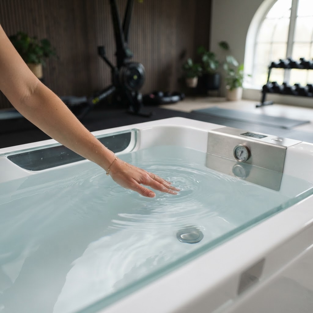 Close-up of clear, chilled water in a cold plunge tub