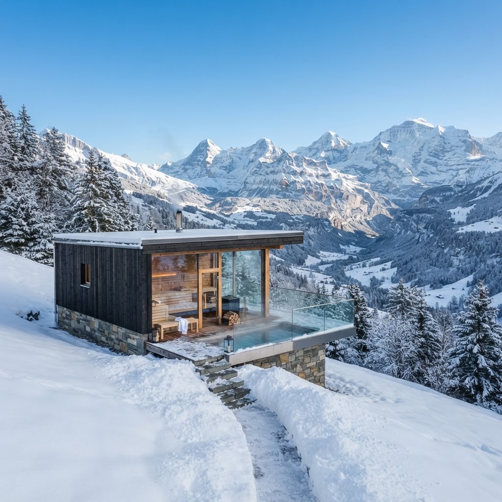 Modern insulated cabin sauna in a winter mountain landscape