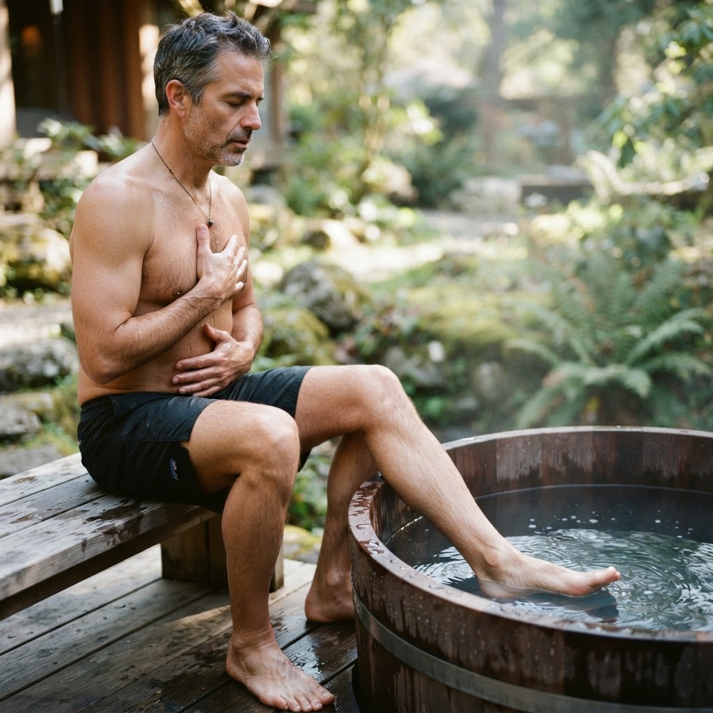 Person preparing for cold plunge therapy.
