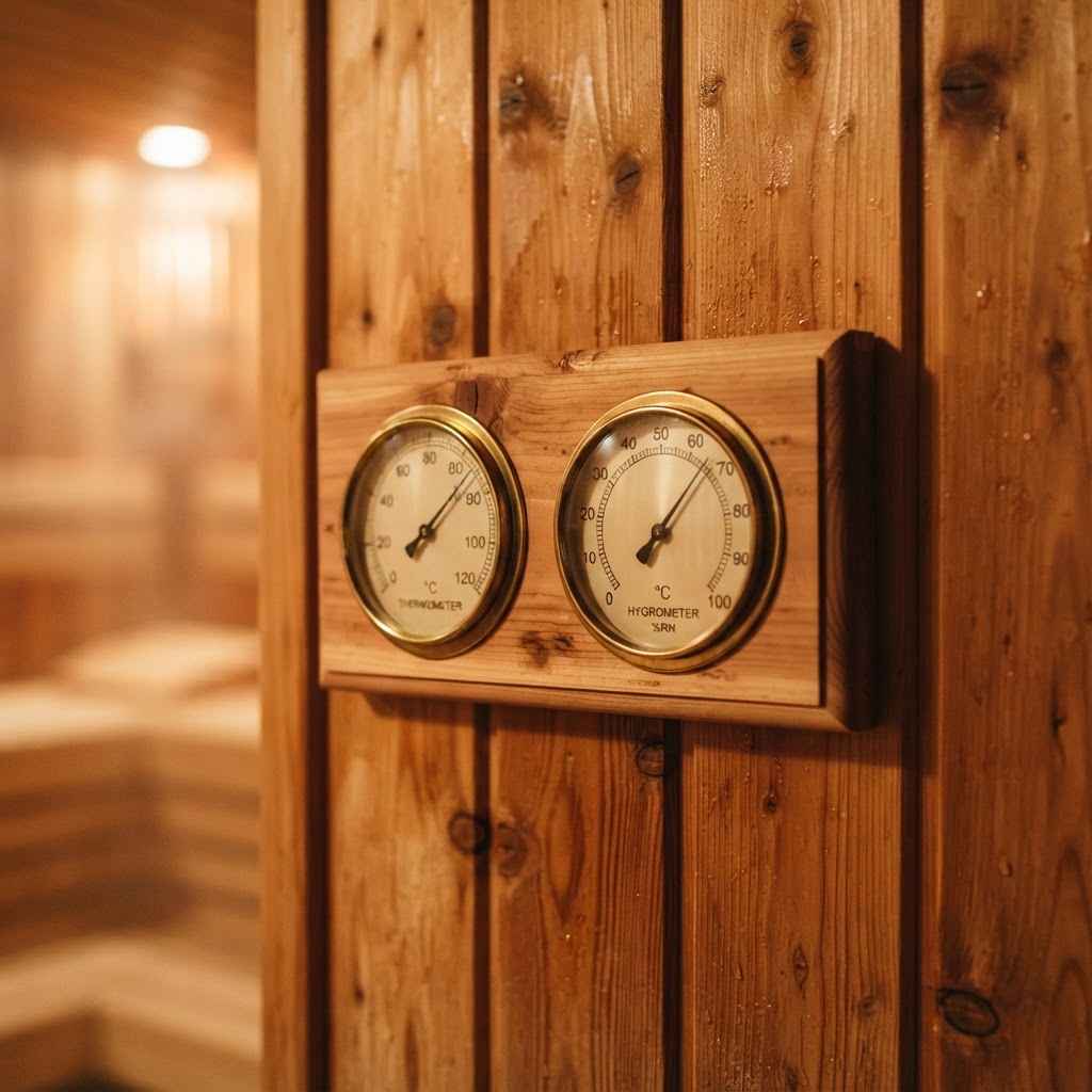 Sauna thermometer and hygrometer showing optimal settings.